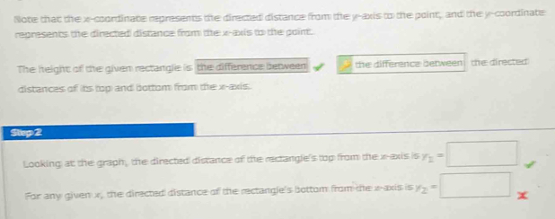 Note that the x-coordinate represents the directed distance from the y-axis to the point, and the y-coordinate 
represents the directed distance from the x-axis to the point. 
The height of the given rectangle is the difference between the difference between the directed 
distances of its top and bottom from the x-axis. 
Step 2
Looking att the graph, the directed distance of the rectangle's top from the x-axis is y_1=□
For any given x, the directed distance of the rectangle's bottom from the x-axis is y_2=□