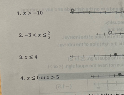 x>-10
2. -3
3. x≤ 4
4. x≤ 0 or x>5