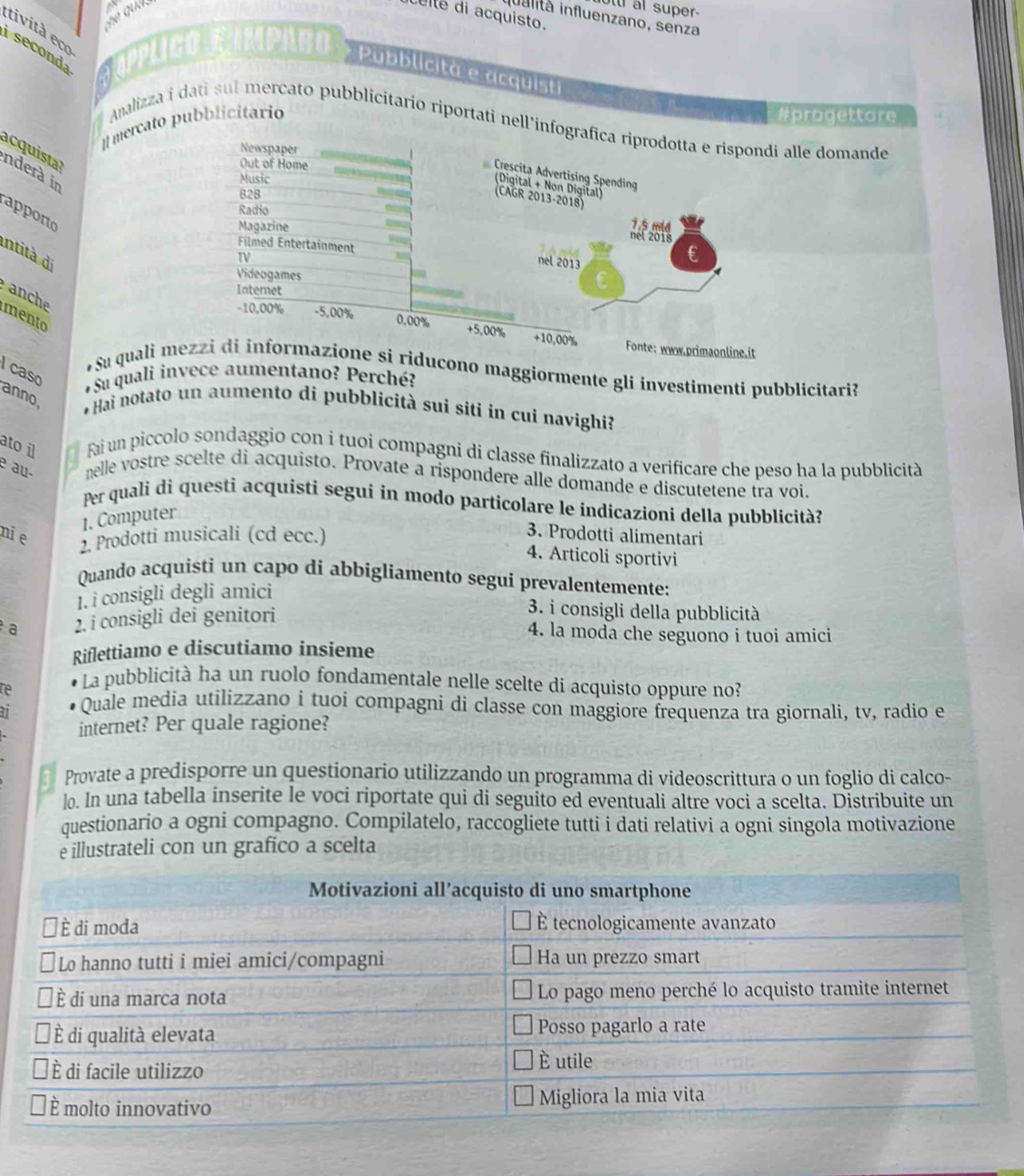 ott al super
elté di acquisto.
ialità influenzano, senza
tività eco
i seconda GAPPLICO FAMPARO
Pubblicità e acquisti
#progettore
I  mercato pubblicitário Analizza i dati sul mercato pubblicitario riportati nell’infolle domande
acquist
nderà in
apporo
Intità di
anche
mento
#Su quali meriducono maggiormente gli investimenti pubblicitari?
caso
# Su quali invece aumentano? Perché?
anno
* Hai notato un aumento di pubblicità sui siti in cui navighi?
ato il Fai un piccolo sondaggio con i tuoi compagni di classe finalizzato a verificare che peso ha la pubblicità
é au- nelle vostre scelte di acquisto. Provate a rispondere alle domande e discutetene tra voi.
Per quali di questi acquisti segui in modo particolare le indicazioni della pubblicità?
1. Computer
nie
2 Prodotti musicali (cd ecc.)
3. Prodotti alimentari
4. Articoli sportivi
Quando acquisti un capo dí abbigliamento segui prevalentemente:
1. i consigli degli amici
a 2. i consigli dei genitori
3. i consigli della pubblicità
4. la moda che seguono i tuoi amici
Riflettiamo e discutiamo insieme
re
La pubblicità ha un ruolo fondamentale nelle scelte di acquisto oppure no?
1 Quale media utilizzano i tuoi compagni di classe con maggiore frequenza tra giornali, tv, radio e
internet? Per quale ragione?
Provate a predisporre un questionario utilizzando un programma di videoscrittura o un foglio di calco-
lo. In una tabella inserite le voci riportate qui di seguito ed eventuali altre voci a scelta. Distribuite un
questionario a ogni compagno. Compilatelo, raccogliete tutti i dati relativi a ogni singola motivazione
e illustrateli con un grafico a scelta