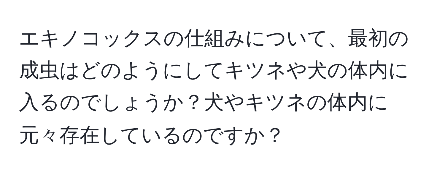 エキノコックスの仕組みについて、最初の成虫はどのようにしてキツネや犬の体内に入るのでしょうか？犬やキツネの体内に元々存在しているのですか？