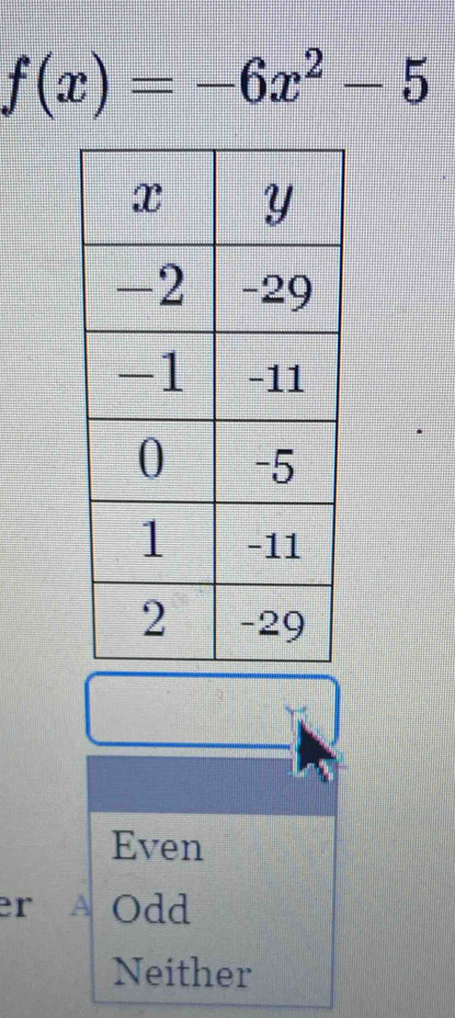 f(x)=-6x^2-5
Even
er A Odd
Neither