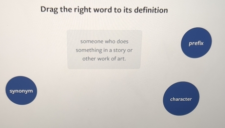 Drag the right word to its definition
someone who does prefix
something in a story or
other work of art.
synonym
character