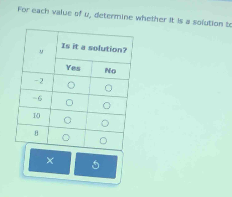 For each value of u, determine whether it is a solution to