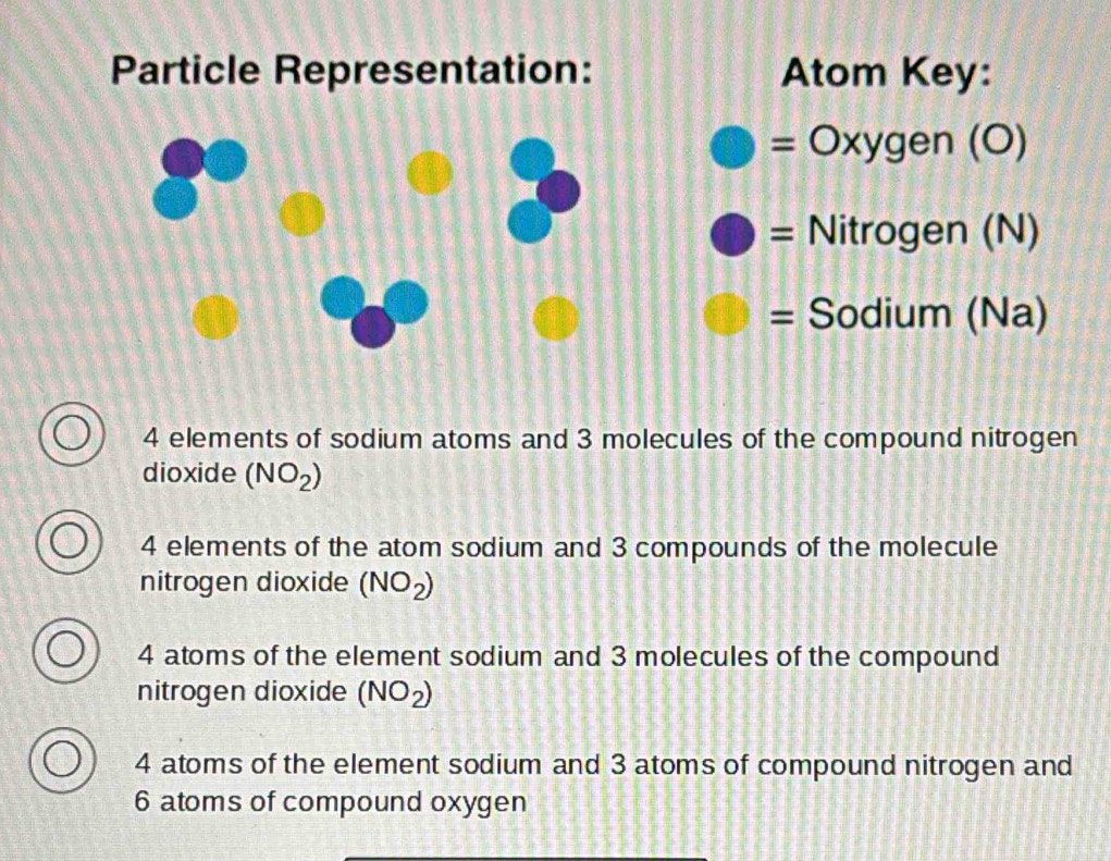 Particle Representation: Atom Key:
=0xygen(O)
= Nitrogen (N)
= Sodium (Na)
4 elements of sodium atoms and 3 molecules of the compound nitrogen
dioxide (NO_2)
4 elements of the atom sodium and 3 compounds of the molecule
nitrogen dioxide (NO_2)
4 atoms of the element sodium and 3 molecules of the compound
nitrogen dioxide (NO_2)
4 atoms of the element sodium and 3 atoms of compound nitrogen and
6 atoms of compound oxygen