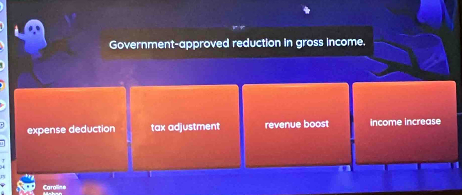 Government-approved reduction in gross income.
expense deduction tax adjustment revenue boost income increase
7
) 4
JS
Caroline
Mahan