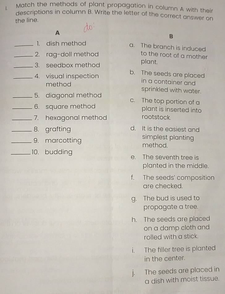 Match the methods of plant propagation in column A with their
descriptions in column B. Write the letter of the correct answer on
the line.
A
B
_1. dish method
a. The branch is induced
_2. rag-doll method to the root of a mother
_3. seedbox method
plant.
b. The seeds are placed
_4. visual inspection in a container and
method sprinkled with water.
_5. diagonal method c. The top portion of a
_6. square method plant is inserted into
_7. hexagonal method rootstock.
_8. grafting
d. It is the easiest and
simplest planting
_9. marcotting method.
_10. budding
e. The seventh tree is
planted in the middle.
f. The seeds’ composition
are checked.
g. The bud is used to
propagate a tree.
h. The seeds are placed
on a damp cloth and
rolled with a stick.
i. The filler tree is planted
in the center.
j. The seeds are placed in
a dish with moist tissue.