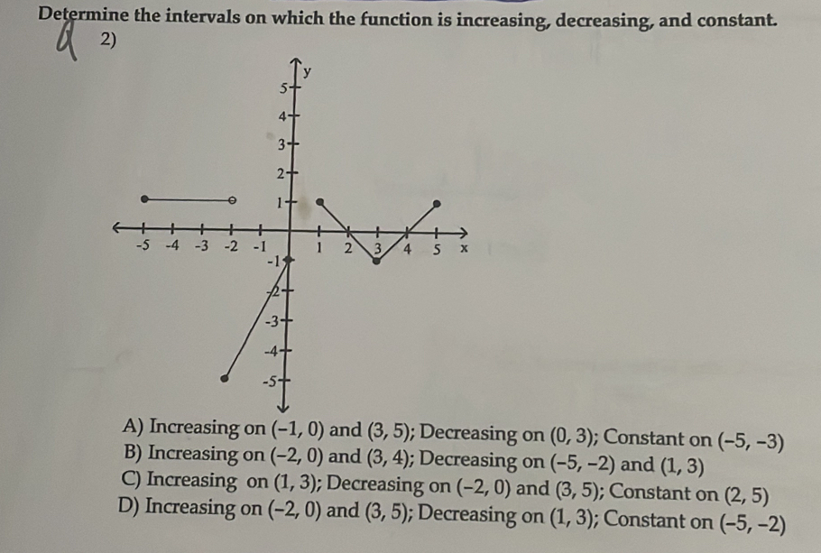 Determine the intervals on which the function is increasing, decreasing, and constant.
2)
A) Increasing on (-1,0) and (3,5); Decreasing on (0,3); Constant on (-5,-3)
B) Increasing on (-2,0) and (3,4); Decreasing on (-5,-2) and (1,3)
C) Increasing on (1,3); Decreasing on (-2,0) and (3,5); Constant on (2,5)
D) Increasing on (-2,0) and (3,5); Decreasing on (1,3); Constant on (-5,-2)