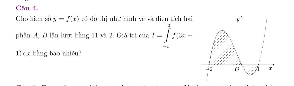 Cho hàm số y=f(x) có đồ thị như hình vẽ và diện tích hai 
phần A, B lần lượt bằng 11 và 2. Giá trị của I=∈tlimits _(-1)^0f(3x+
1) dx bằng bao nhiêu?