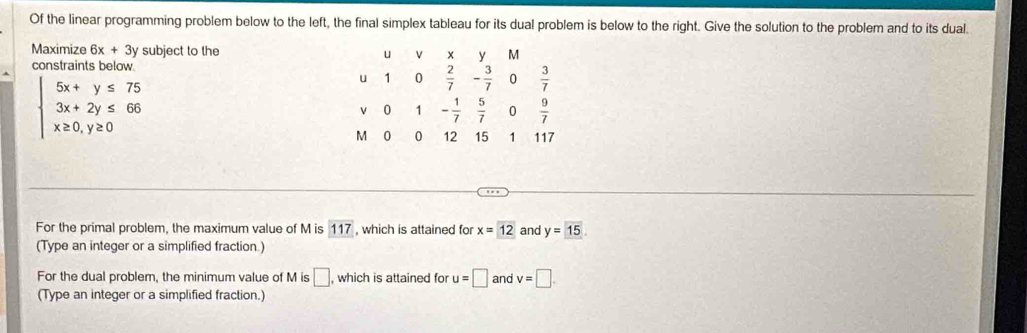 Of the linear programming problem below to the left, the final simplex tableau for its dual problem is below to the right. Give the solution to the problem and to its dual. 
Maximize 6x+3y subject to the u v x y M
constraints below
beginarrayl 5x+y≤ 75 3x+2y≤ 66 x≥ 0,y≥ 0endarray.
u 1 0  2/7  - 3/7  0  3/7 
ν 0 1 - 1/7   5/7  0  9/7 
M 0 0 12 15 1 117
For the primal problem, the maximum value of M is 117 , which is attained for x=12 and y=15. 
(Type an integer or a simplified fraction.) 
For the dual problem, the minimum value of M is □ , which is attained for u=□ and v=□
(Type an integer or a simplified fraction.)