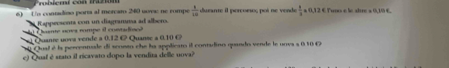 Trobiemí con frazóm 
6) Un contadíno porta al mercaro 240 uova: ne rompe  1/10  durante il percorso; poi ne vende  1/3  a 0,12 € luno e le altre a 0,10 €. 
Rappresenta con un diagramma ad albero. 
Quante nova rompe il contadino 
Quante uova ende a 0.12 E Quante a 0.10
Qual é la percentuale di sconto che ha applicato il contadino quando vende le uova a 0.10
e) Qual è stato il ricavato dopo la vendita delle uova?