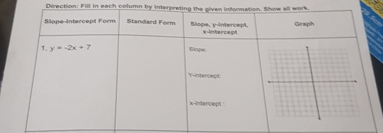 Direction: Fill in each column by