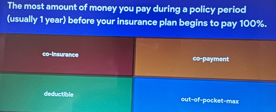 The most amount of money you pay during a policy period
(usually 1 year) before your insurance plan begins to pay 100%.
co-insurance
co-payment
deductible out-of-pocket-max