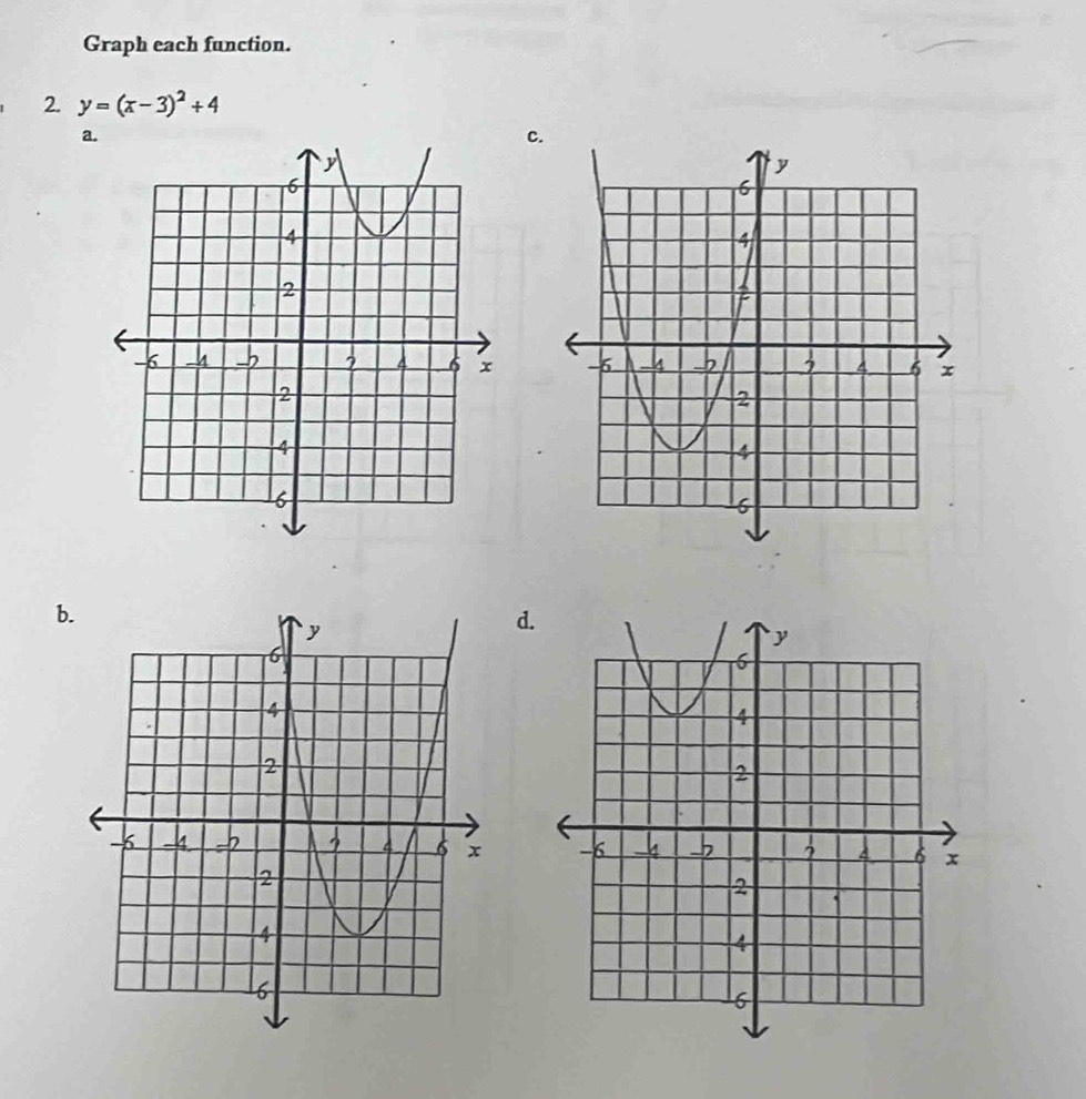 Graph each function. 
2. y=(x-3)^2+4
a. 
c. 

b. 
d