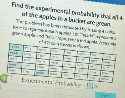 Find the experimental probability that all 4
of the apples in a bucket are green. 
The problem has been simulated by tossing 4 coins 
(one to represent each apple). Let 'heads'' represent a 
green apple and ''tails'' represent a red 
robability =[?]%
Enter