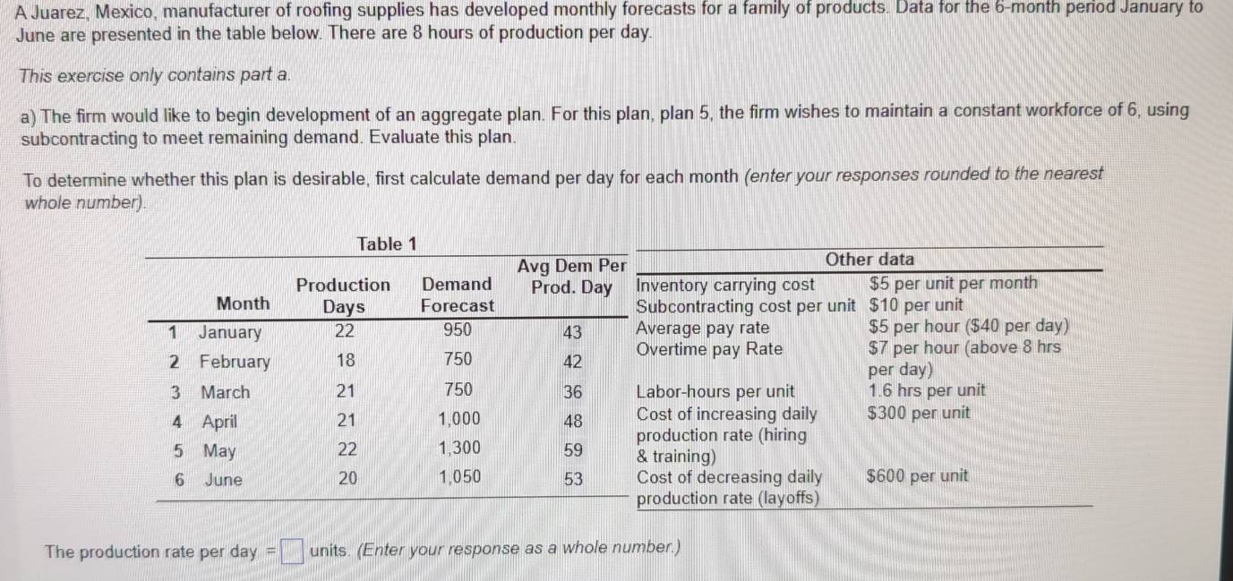 A Juarez, Mexico, manufacturer of roofing supplies has developed monthly forecasts for a family of products. Data for the 6-month period January to 
June are presented in the table below. There are 8 hours of production per day. 
This exercise only contains part a. 
a) The firm would like to begin development of an aggregate plan. For this plan, plan 5, the firm wishes to maintain a constant workforce of 6, using 
subcontracting to meet remaining demand. Evaluate this plan. 
To determine whether this plan is desirable, first calculate demand per day for each month (enter your responses rounded to the nearest 
whole number) 
The production rate per day =□ units. (Enter your response as a whole number.)