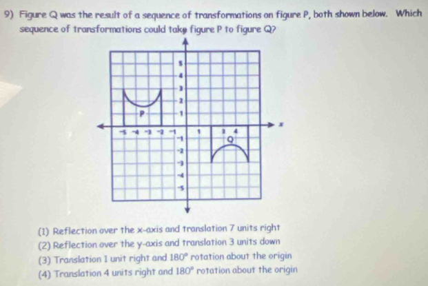 Figure Q was the result of a sequence of transformations on figure P, both shown below. Which
sequence of transformations could taky figure P to figure Q?
(1) Reflection over the x-axis and translation 7 units right
(2) Reflection over the y-axis and translation 3 units down
(3) Translation 1 unit right and 180° rotation about the origin
(4) Translation 4 units right and 180° rotation about the origin