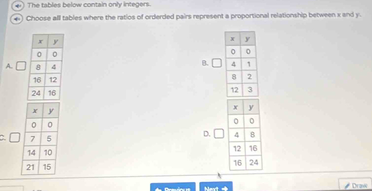 The tables below contain only integers. 
Choose all tables where the ratios of orderded pairs represent a proportional relationship between x and y. 
A. 
B. 

C. 
D. 
Dravir1e Next Draw