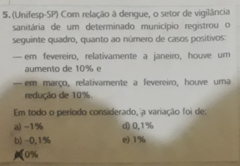 (Unifesp-SP) Com relação à dengue, o setor de vigilância
sanitária de um determinado município registrou o
seguinte quadro, quanto ao número de casos positivos:
— em fevereiro, relativamente a janeiro, houve um
aumento de 10% e
— em março, relativamente a fevereiro, houve urna
redução de 10%.
Em todo o período considerado, a variação foi de:
a) -1% d) 0,1%
b) -0,1% e) 1%
M0%