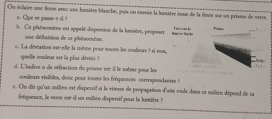 On éclaire une fente avec une lumière blanche, puis on envoie la lumière issue de la fente sur un prisme de verre. 
a. Que se passe-t-il ? 
Faisceau de Prisme r 
b. Ce phénomène est appelé dispersion de la lumière, proposer lumiere blache 
une définition de ce phénomène. 
c. La déviation est-elle la même pour toutes les couleurs ? si non, 
quelle couleur est la plus déviée ? 
Iadigo 
Voler 
d. L'indice n de réfraction du prisme est-il le même pour les 
couleurs visibles, donc pour toutes les fréquences correspondantes ? 
e. On dit qu'un milieu est dispersif si la vitesse de propagation d'uñe onde dans ce milieu dépend de sa 
fréquence, le verre est-il un milieu dispersif pour la lumière ?