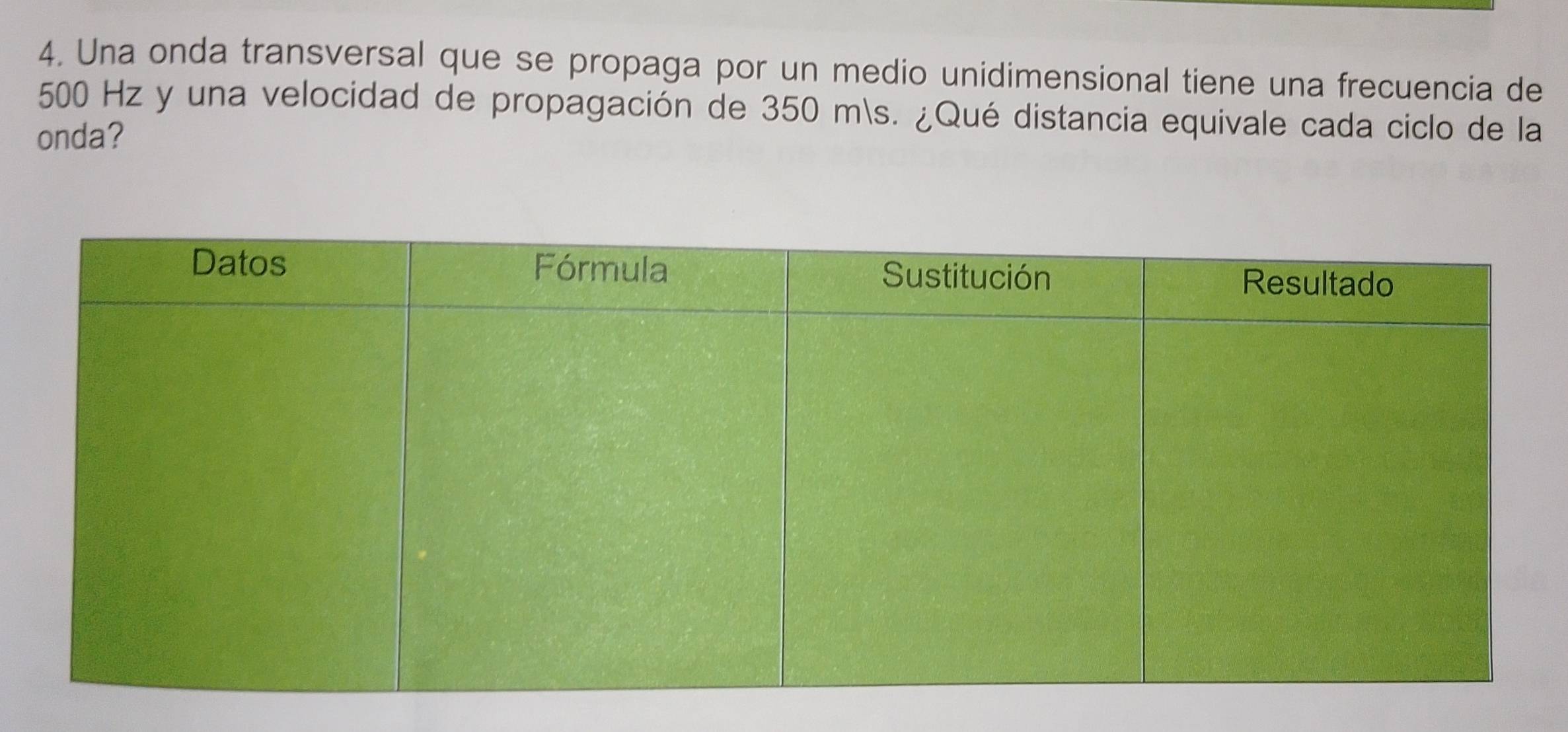 Una onda transversal que se propaga por un medio unidimensional tiene una frecuencia de
500 Hz y una velocidad de propagación de 350 ms. ¿Qué distancia equivale cada ciclo de la 
onda?