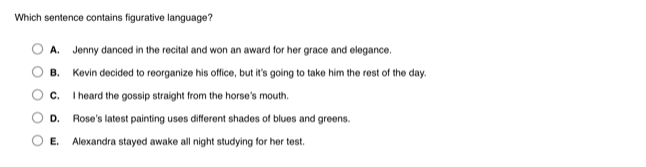 Which sentence contains figurative language?
A. Jenny danced in the recital and won an award for her grace and elegance.
B. Kevin decided to reorganize his office, but it's going to take him the rest of the day.
C. I heard the gossip straight from the horse's mouth.
D. Rose's latest painting uses different shades of blues and greens.
E. Alexandra stayed awake all night studying for her test