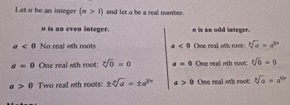 Letn be an integer (n>1) and let a be a real number.
n is an even integer. n is an odd integer.
a<0</tex> No real th roots a<0</tex> One real th root: sqrt[n](a)=a^(1/n)
a=0 One real nth root: sqrt[n](0)=0 One real th root: sqrt[n](0)=0
a=0
a>0 Two real th roots: ± sqrt[n](a)=± a^(1/n) a>0 One real th root: sqrt[n](a)=a^(1/n)