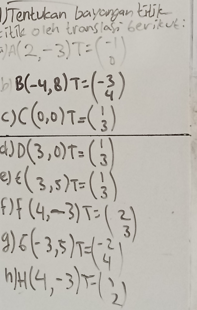 Tentucan bayangan tilik 
Litik oleh translas bevikve: 
A A(2,-3)T=beginpmatrix -1 0endpmatrix
b1 B(-4,8)T=beginpmatrix -3 4endpmatrix
() C(0,0)T=beginpmatrix 1 3endpmatrix
d) D(3,0)T=beginpmatrix 1 3endpmatrix
e) xi (3,5)T=beginpmatrix 1 3endpmatrix
91 F(4,-3)T=( 2/3 )
6(-3,5)T=beginpmatrix -2 4endpmatrix
h H(4,-3)T=beginpmatrix 1 2endpmatrix