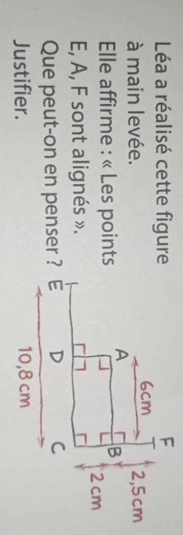 Léa a réalisé cette figure 
à main levée. 
Elle affirme : « Les points
E, A, F sont alignés ». 
Que peut-on en penser ? 
Justifier.