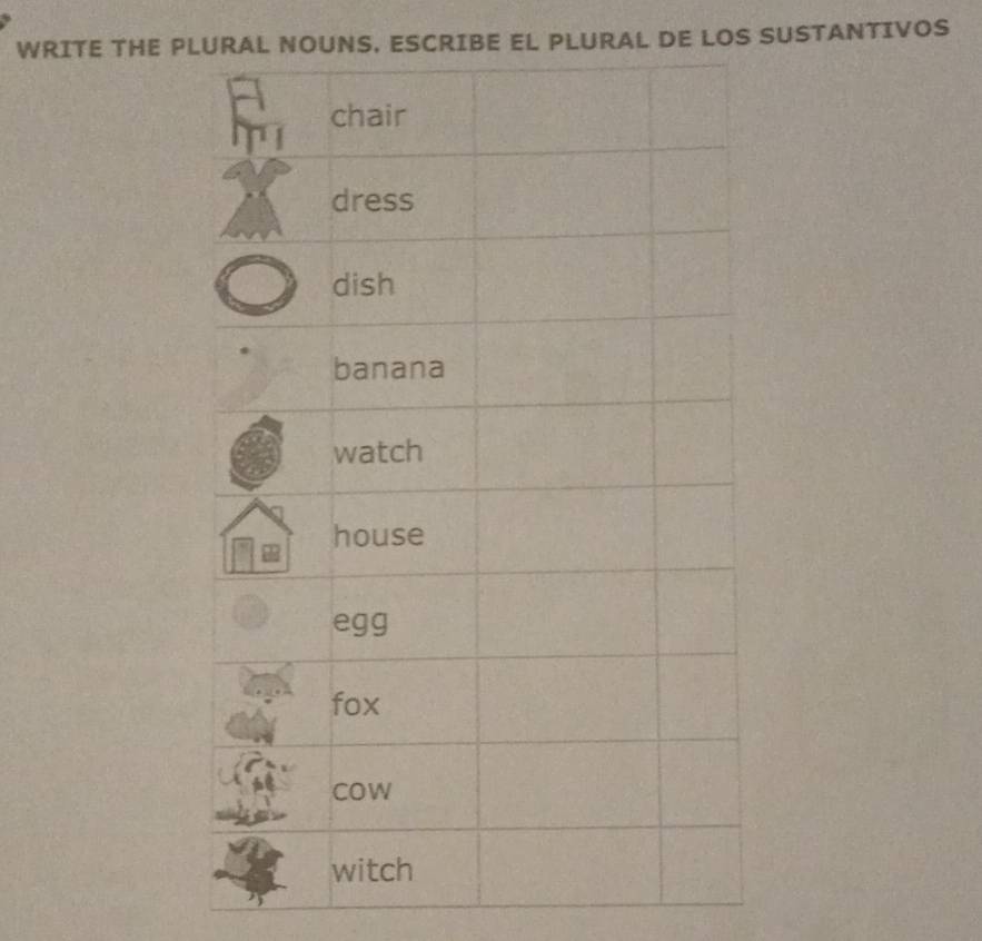 WRITE THE PLURAL NOUNS, ESCRIBE EL PLURAL DE LOS SUSTANTIVOS