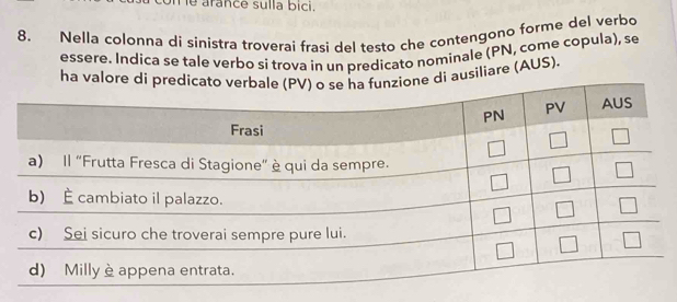 le arance sulla bici. 
8. Nella colonna di sinistra troverai frasi del testo che contengono forme del verbo 
essere. Indica se tale verbo si trova in un predicato nominale (PN, come copula), se 
ha valore di di ausiliare (AUS).