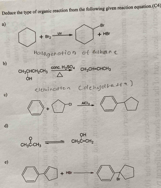 Deduce the type of organic reaction from the following given reaction equation.(C4)
a)
b) CH_3CHCH_2CH_3xrightarrow conc.H_2SO_4CH_3CH=CHCH_3
c)
□ +□ Cl AlCl_3 ||
100° /
d)
OH
_CH_3C-CH_3^circ _  CH_3C=CH_2
e)