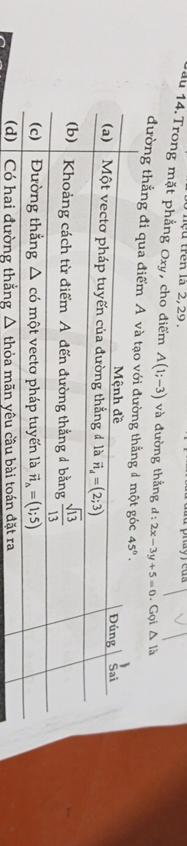 ne u  tren là 2, 29 .
1ău 14. Trong mặt phẳng Oxy, cho điểm A(1;-3) và đường thẳng d:2x-3y+5=0. Gọi △ 1dot a
đường thẳng đi qua điểm A và t