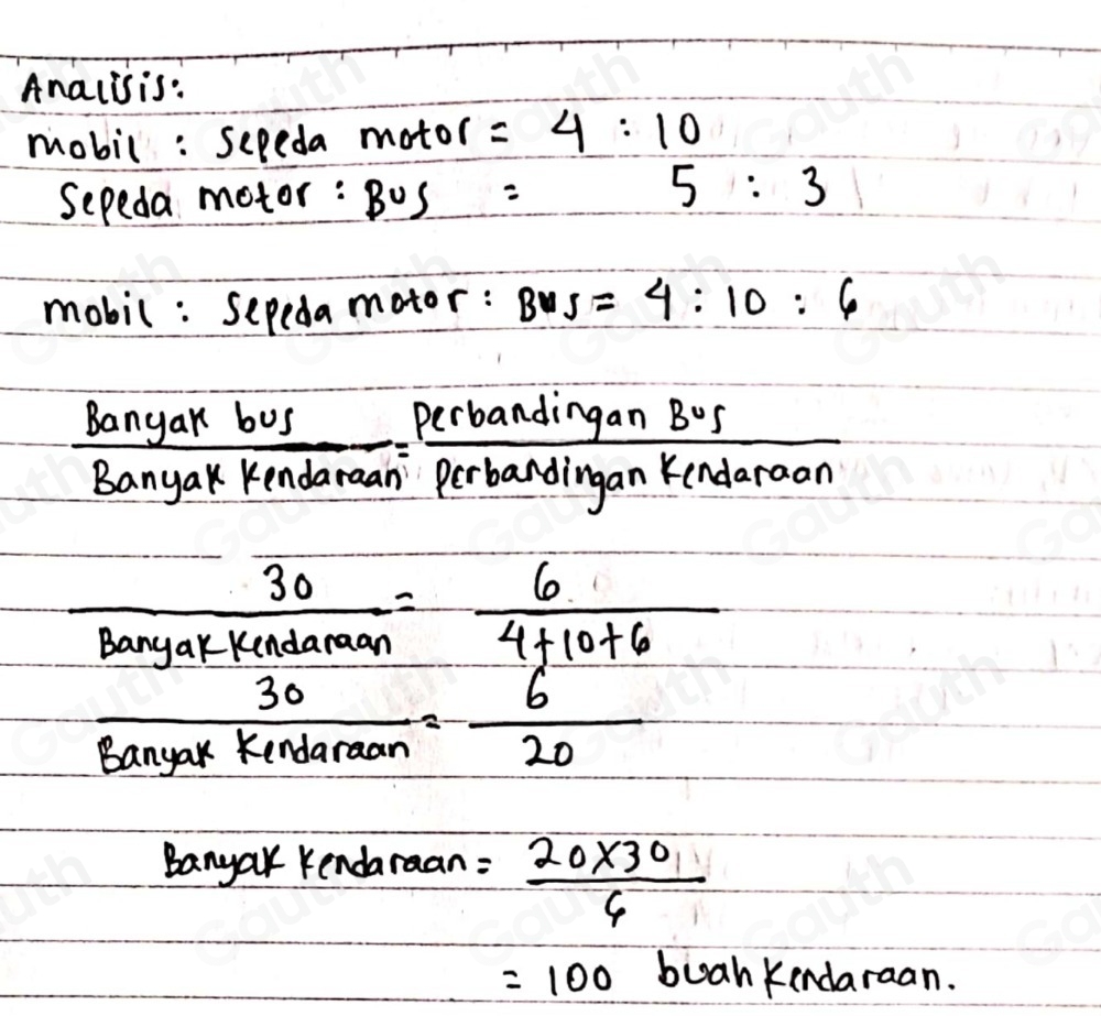 Anacisis: 
mobil: Sepeda motor =4:10
Sepeda motor : ^circ C C =5:3
mobil: Sepeda motor: B∪ S=4:10:6
Banyak bus perbandingan Bus
Banyak Kendaraan perbandingan kendaraan
 30/Baryarkundaraan = 6/4+10+6 
 30/8anyakkerdaraon = 6/20 
Banyak Kendaraan = (20* 30)/6 
=100 buah Kendaraan.