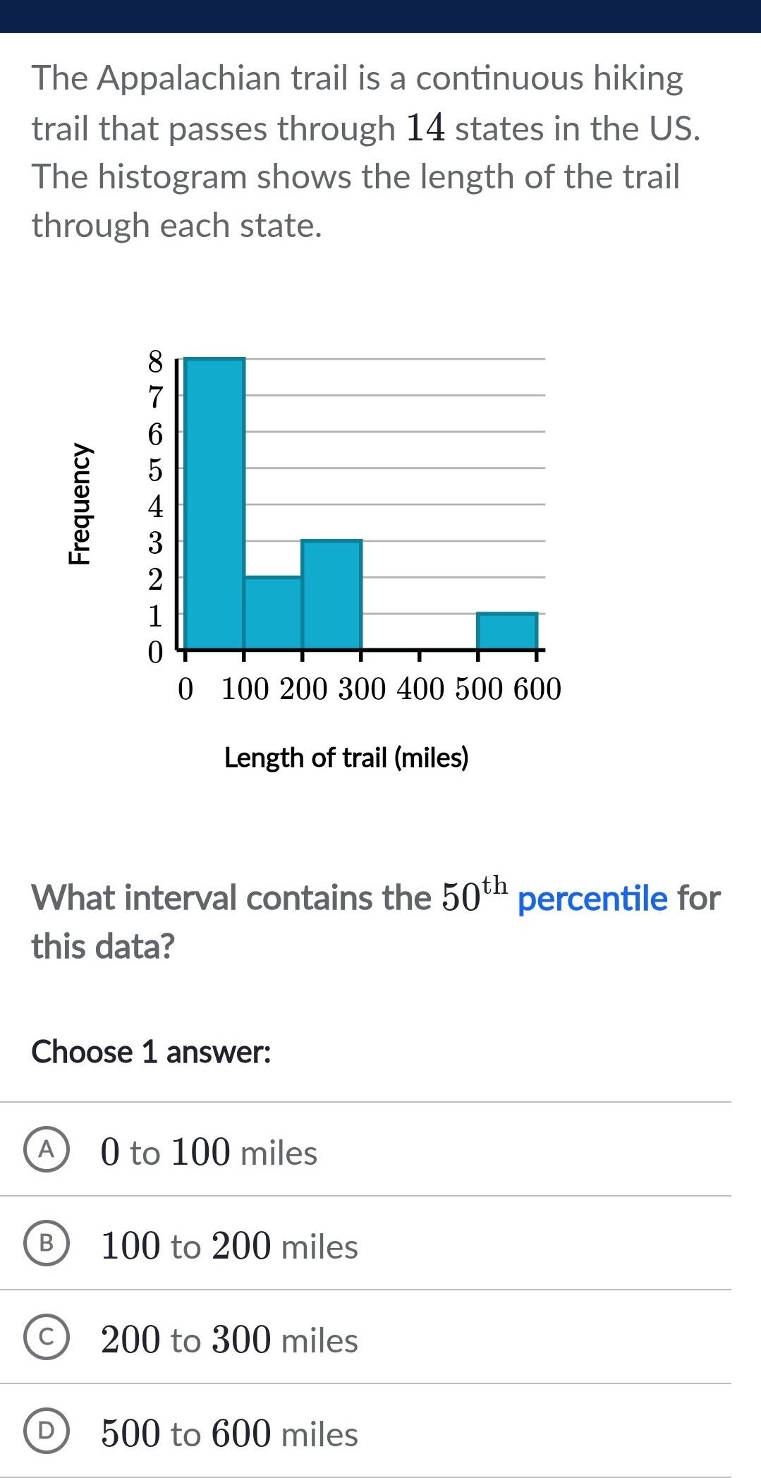 The Appalachian trail is a continuous hiking
trail that passes through 14 states in the US.
The histogram shows the length of the trail
through each state.
What interval contains the 50^(th) percentile for
this data?
Choose 1 answer:
A 0 to 100 miles
B ) 100 to 200 miles
CJ 200 to 300 miles
D 500 to 600 miles