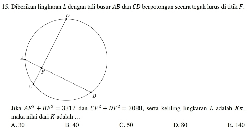 Diberikan lingkaran L dengan tali busur AB dan CD berpotongan secara tegak lurus di titik F.
Jika AF^2+BF^2=3312 dan CF^2+DF^2=3088 , serta keliling lingkaran L adalah Kπ,
maka nilai dari K adalah …
A. 30 B. 40 C. 50 D. 80 E. 140