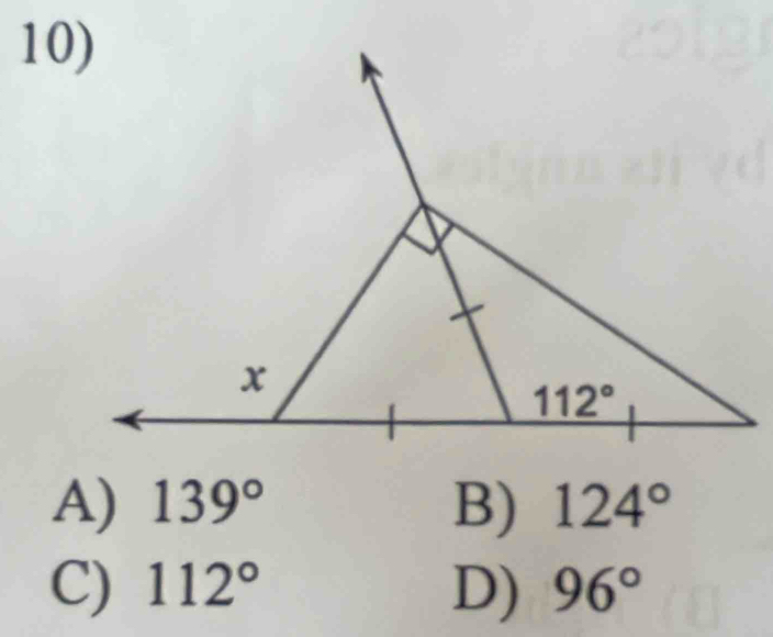 A) 139° B) 124°
C) 112° D) 96°