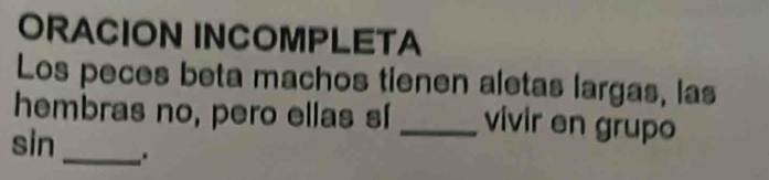 ORACION INCOMPLETA 
Los peces beta machos tienen aletas largas, las 
hembras no, pero ellas sí _vivir en grupo 
sin _*