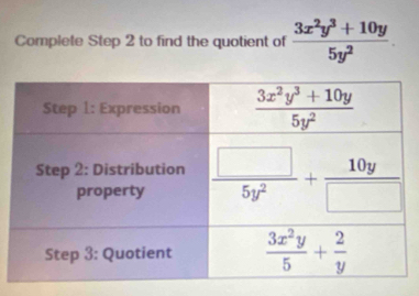 Complete Step 2 to find the quotient of  (3x^2y^3+10y)/5y^2 