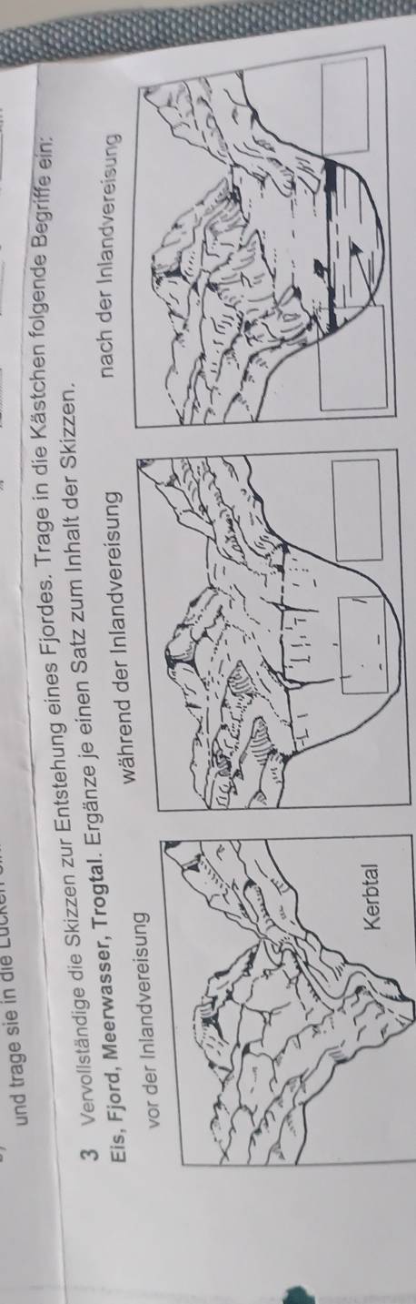 und trage sie in die Luck
3 Vervollständige die Skizzen zur Entstehung eines Fjordes. Trage in die Kästchen folgende Begriffe ein:
Eis, Fjord, Meerwasser, Trogtal. Ergänze je einen Satz zum Inhalt der Skizzen.
vor der Inlandvereisung d der Inlandvereisung
nach der Inlandvereisung