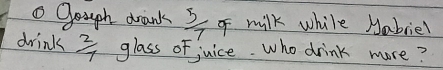 ① Gough drank  5/-7  of milk while Nabriel 
drink  2/7  glass of juice. who drink more?