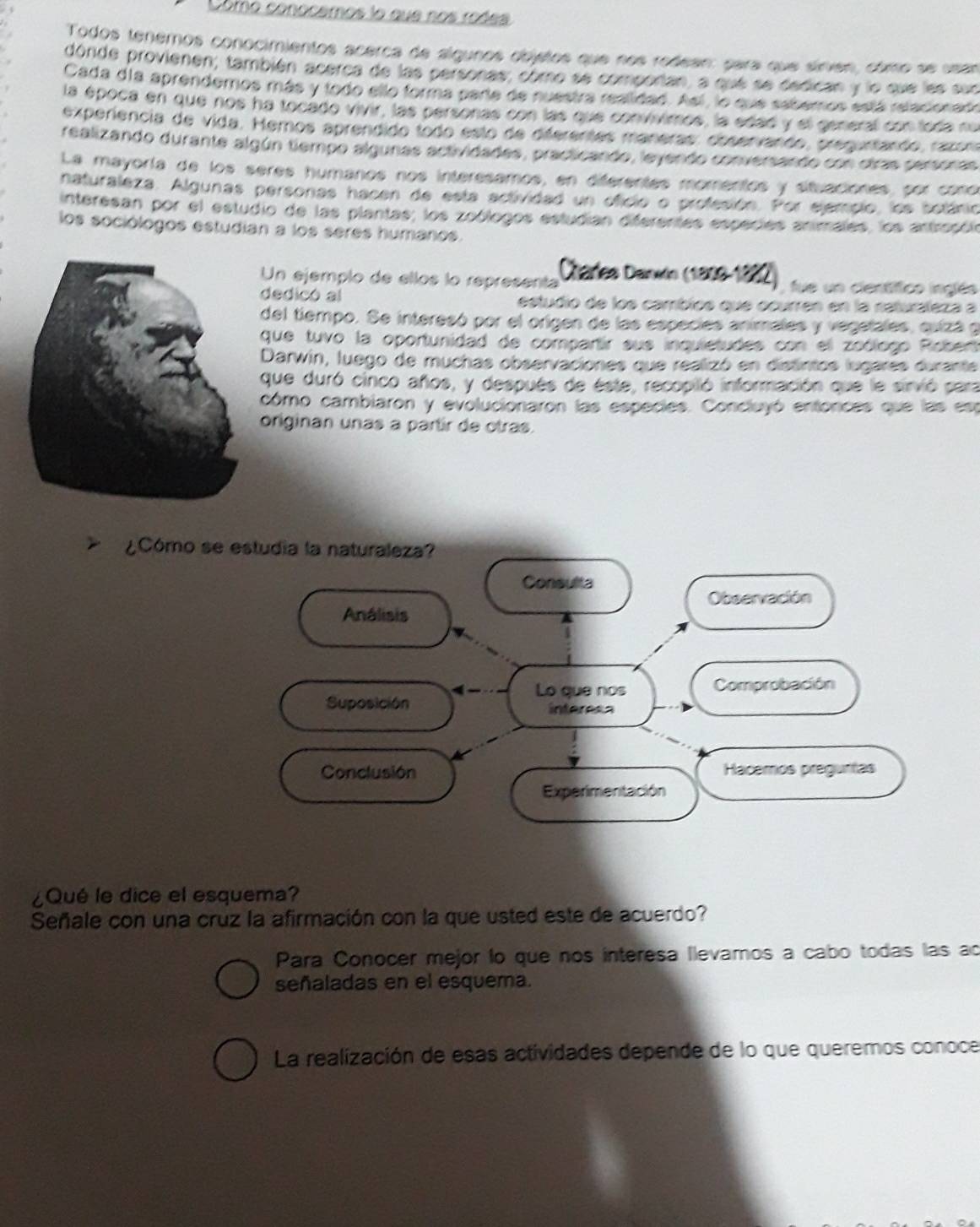 Como conocemos lo que nos rodes
Todos tenemos conocimientos acerca de algunos objetos que nos redean: para que sírves, cámo se usan
dónde provienen, también acerca de las personas, como se comporian, a que se dedican y lo sue les suc
Cada dia aprendemos más y todo ello forma parte de nuestra reslidad. Así, lo que sabemos está relacionada
la época en que nos ha tocado vivir, las personas con las que convivimos, la edad y el general con loda nu
experiência de vida. Hemos aprendido todo esto de diferentes maneras, ooservando, prepurtando, razora
realizando durante algún tiempo algunas actividades, practicando, leyendo conversando con ctras sersoras
La mayoría de los seres humanos nos interesamos, en diferentes momentos y situaciones, por cono
naturaleza. Algunas personas hacen de esta actividad un oficio o profesión. Por ejempio, los botánio
interesan por el estudio de las plantas; los zoólogos estudian diferentes especies animales, los antrocóin
los sociólogos estudian a los seres humanos.
Un ejemplo de ellos lo representa  Charles Danvin (1809-1882)  fue un científico inglés
dedicó al estudio de los cambios que ocurren en la naturáleza a
del tiempo. Se interesó por el origen de las especies animales y vegatales, quizá g
que tuvo la oportunidad de compartir sus inquietudes con el zoólogo Robert
Darwin, luego de muchas observaciones que realizó en distintos lugares durante
que duró cinco años, y después de este, recopiló información que le sirvió para
cómo cambiaron y evolucionaron las especies. Concluyó entonces que las esp
originan unas a partir de otras.
¿Cómo s
¿Qué le dice el esquema?
Señale con una cruz la afirmación con la que usted este de acuerdo?
Para Conocer mejor lo que nos interesa llevamos a cabo todas las ac
señaladas en el esquema.
La realización de esas actividades depende de lo que queremos conoce