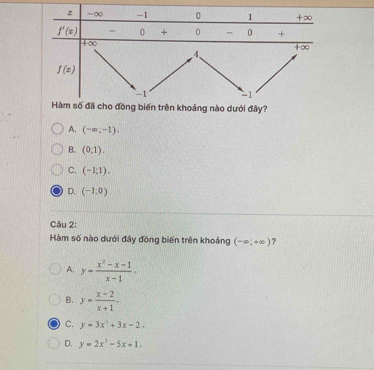 nào dưới đây?
A. (-∈fty ;-1).
B. (0;1).
C. (-1;1).
D. (-1;0)
Câu 2:
Hàm số nào dưới đây đồng biến trên khoảng (-∈fty ;+∈fty ) ?
A. y= (x^2-x-1)/x-1 .
B. y= (x-2)/x+1 .
C. y=3x^3+3x-2.
D. y=2x^3-5x+1.