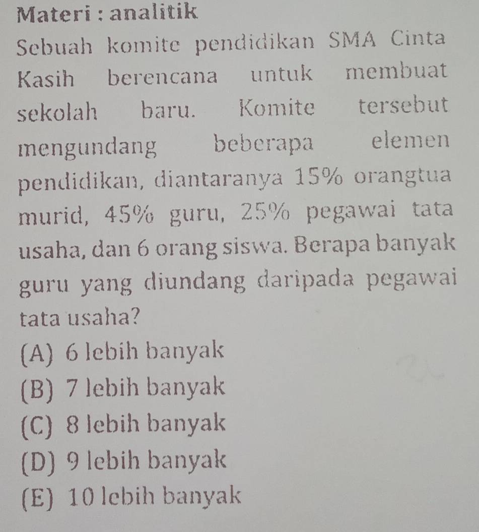 Materi : analitik
Sebuah komite pendidikan SMA Cinta
Kasih berencana untuk membuat
sekolah baru. Komite tersebut
mengundang beberapa
elemen
pendidikan, diantaranya 15% orangtua
murid, 45% guru, 25% pegawai tata
usaha, dan 6 orang siswa. Berapa banyak
guru yang diundang daripada pegawai
tata usaha?
(A) 6 lebih banyak
(B) 7 lebih banyak
(C) 8 lebih banyak
(D) 9 lebih banyak
(E) 10 lebih banyak