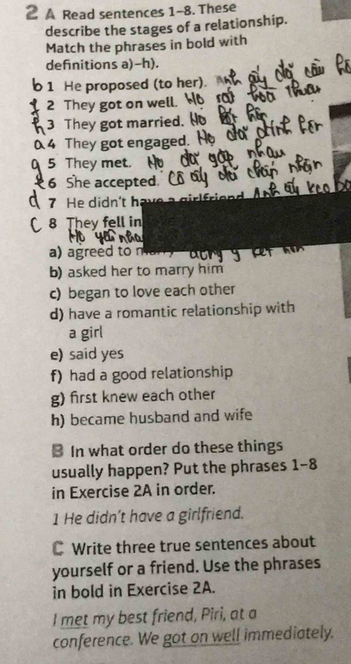 A Read sentences 1-8. These 
describe the stages of a relationship. 
Match the phrases in bold with 
definitions a)-h). 
1 He proposed (to her). 
2 They got on well. 
3 They got married. 
4 They got engaged. 
5 They met. 
6 She accepted. 
7 He didn't hav 
8 They fell in 
a) agreed to m 
b) asked her to marry him 
c) began to love each other 
d) have a romantic relationship with 
a girl 
e) said yes 
f) had a good relationship 
g) first knew each other 
h) became husband and wife 
B In what order do these things 
usually happen? Put the phrases 1-8
in Exercise 2A in order. 
1 He didn’t have a girlfriend. 
C Write three true sentences about 
yourself or a friend. Use the phrases 
in bold in Exercise 2A. 
I met my best friend, Piri, at a 
conference. We got on well immediately.