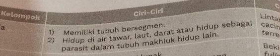 Kelompok 
a Cirl-Ciri 
Lintal 
1) Memiliki tubuh bersegmen. 
2) Hidup di air tawar, laut, darat atau hidup sebagai cacin 
parasit dalam tubuh makhluk hidup lain. terre 
Beki