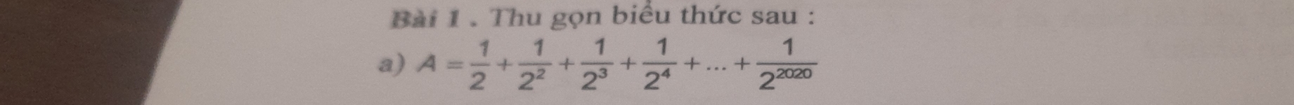 Thu gọn biểu thức sau : 
a) A= 1/2 + 1/2^2 + 1/2^3 + 1/2^4 +...+ 1/2^(2020) 