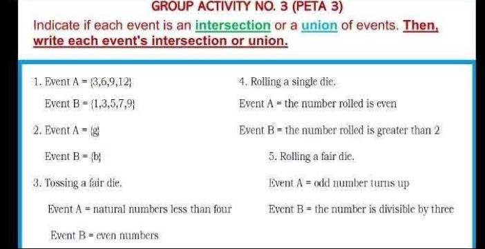 GROUP ACTIVITY NO. 3 (PETA 3) 
Indicate if each event is an intersection or a union of events. Then, 
write each event's intersection or union. 
1. Event A= 3,6,9,12 4. Rolling a single die. 
Event B= 1,3,5,7,9 Event A= the number rolled is even 
2. Event A= g Event B= the number rolled is greater than 2
Event B= b 5. Rolling a fair die. 
3. Tossing a fair die. Event A= odd number turns up 
Event A= natural numbers less than four Event B= the number is divisible by three 
Event B= even numbers