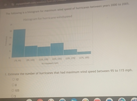 myopermath com/assess2/7cid=24/JV
ing is a histogram for maximum wind speed of hurricanes between years 2000 to 2005.
1. Estimate the number of hurricanes that had maximum wind speed between 95 to 115 mph.
10
8
105
5