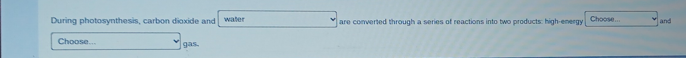 Choose... 
During photosynthesis, carbon dioxide and water are converted through a series of reactions into two products: high-energy and 
Choose... gas.