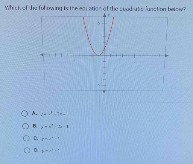 Which of the following is the equation of the quadratic function below?
A. y=x^2+2x+1
B. y=x^2-2x-1
C. y=x^2+1
D. y=x^2-1